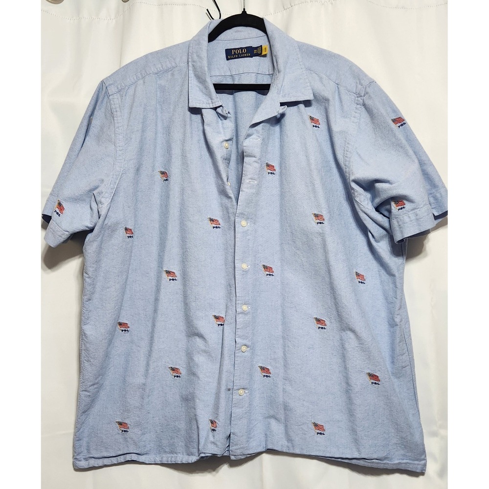Polo Ralph Lauren Mens 2XB Blue Oxford American Flag Embroidered Camp Shirt